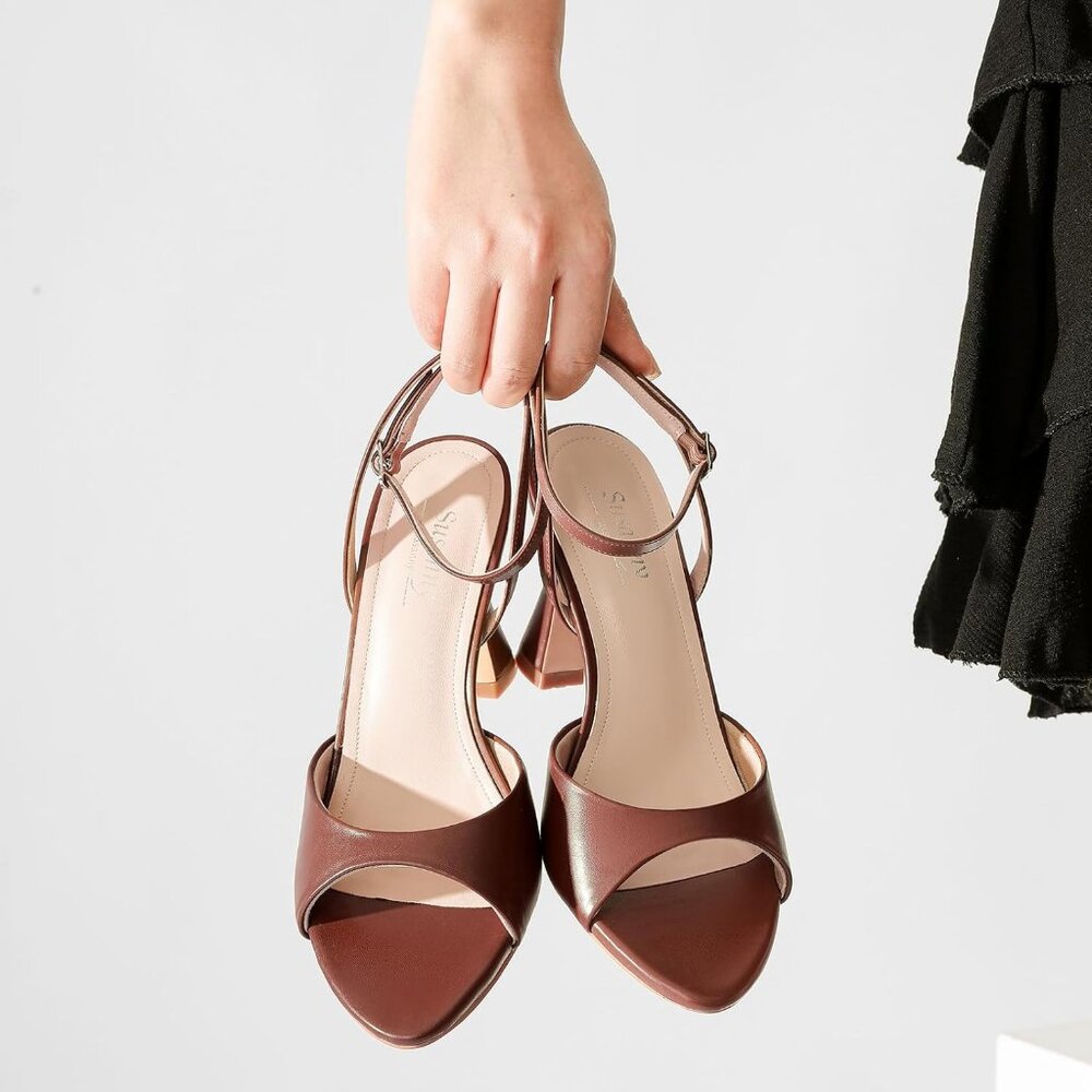 Women's Brown Tan Open Toe Strappy Block Ankle Strap Hight Heeled Sandals Shoes - Picture 6 of 9